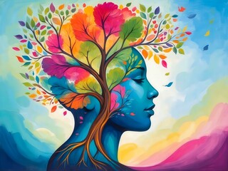 Wall Mural - Human head growing inside tree, its colorful branches and leaves representing emotional strength and growth. 