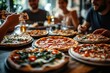 © MG - group of friends eating pizza together in restaurant, city life free time or travel and vacation, meeting friends and going out for dinner. Generative AI