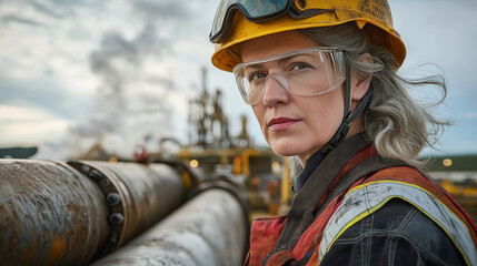 Wall Mural - Confident Female Engineer Inspecting Industrial Pipeline at Oil Refinery