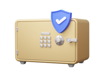 Protection shield money safe box concept. lock password bank secure treasure wealth safety. 3d render illustration