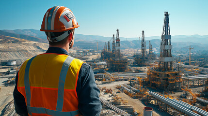 Wall Mural - Industrial Engineer Overlooking Vast Oil Refinery in Daylight