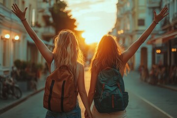 Wall Mural - couple of young women from the back, holding hands with arms raised and they walk in the street at s