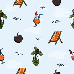 Bright seamless pattern for wrapping paper with beach attributes, chair, cocktail, coconut, palm tree. Vector background with repeating elements. Illustration related to vacation, travel, sea, tours