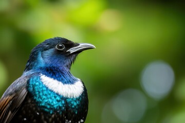 Close-up of a blue-black bird with vibrant plumage against a blurred green background. The bird's colors stand out vividly, creating a serene and natural scene.