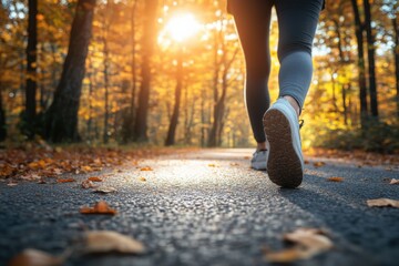 a person walking along a forest path during autumn, with the sun setting and leaves scattered around