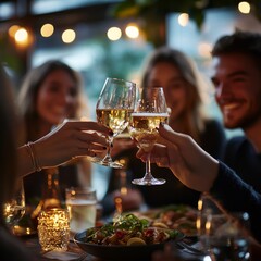 Group Of Young Friends Meeting For Drinks And Food Making A Toast In Restaurant, Generative AI