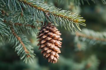 Poster - Close-up of a pinecone hanging from a branch of an evergreen tree.