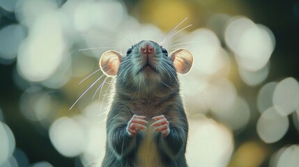 Wall Mural - Curious Rat Looking Up in a Green Blurred Background