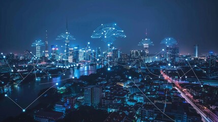 Poster - Vibrant lights illuminate the modern city, with dynamic networks of digital connections forming intricate patterns above the skyline at night