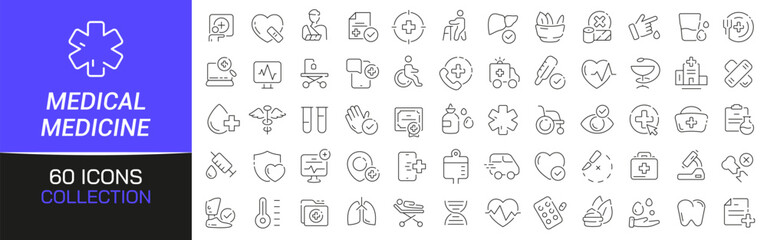 Medical and medicine line icons collection. Thin outline icons pack. UI icon collection. Set of line web pictogram