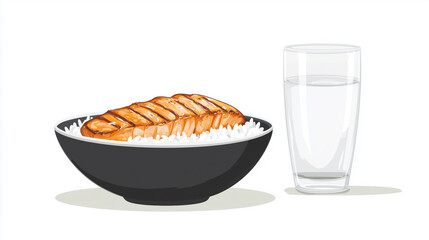 Wall Mural - Bowl of rice topped with grilled fish fillets beside a glass of water