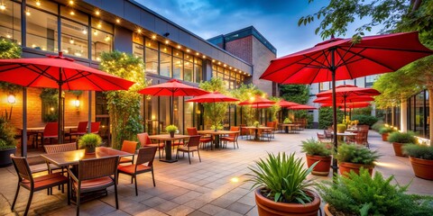 Outdoor Patio With Red Umbrellas and String Lights, Night, Urban Oasis, Patio, Restaurant, Ambiance