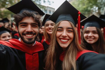 Happy graduates taking selfie together at university campus, Generative AI