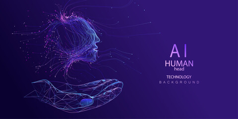 Wall Mural - Human head on wireframe hand artificial intelligence technology background made of neon lines style. Intelligence face vector design. Ai futuristic bot innovation robot.