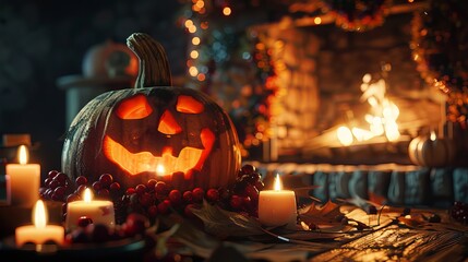 Smiling jack-o-lantern with glowing candlestick, surrounded by candles, and warm fireplace 