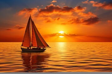 Poster - Sailboat at Sunset on the Ocean: A Golden Hour Dream