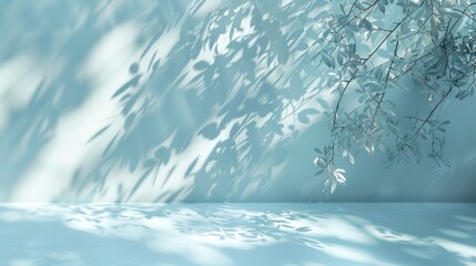 Poster - Delicate leaf shadows play on a tranquil blue surface, capturing the essence of a peaceful morning filled with soothing light and natural beauty