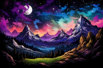 Poster - Night Sky Mountain Landscape: Stars, Moon, and Snow