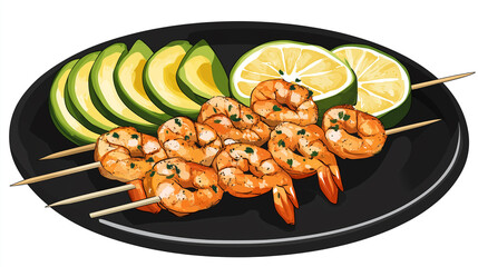 Wall Mural - Plate of grilled shrimp skewers with avocado slices, symmetrically arranged on the plate