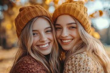 Cheerful female friends enjoying autumn. Pleasant caucasian girls having fun outdoor, Generative AI