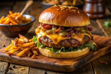 Juicy homemade hamburger topped with caramelized onions, melted cheddar cheese, and crispy ham, served with a side of golden crispy french fries.