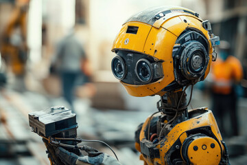 Poster - Futuristic robot is assisting construction workers at a building site, showcasing the integration of robotics in the construction industry.
