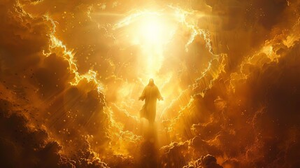 A figure is illuminated by radiant divine light amidst swirling clouds. Themes of heavenly ascent, spirituality, and enlightenment are depicted in a dynamic and ethereal scene.