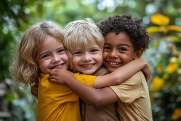 children and friends hugging in a park together for fun, bonding or playing in summer. Hug, kids and diversity with boy best friends embracing in a garden in the day during school, Generative AI