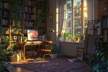 Aufkleber - computer sitting on top of wooden desk, dreamy mood of study room equipped with all learning essentials