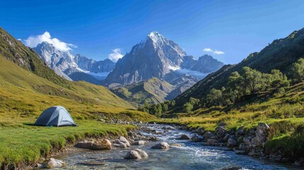 Wall Mural - A picturesque mountain camping scene with a tent pitched beside a crystal-clear stream, surrounded by lush greenery and towering mountain peaks under a clear blue sky.