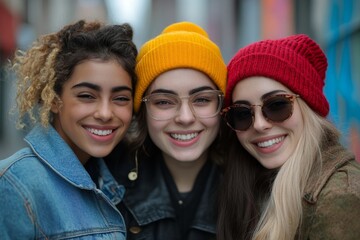 Three young diverse women having fun on city street outdoors - Multicultural female friends enjoying a holiday day out together - Happy lifestyle, youth and young females, Generative AI