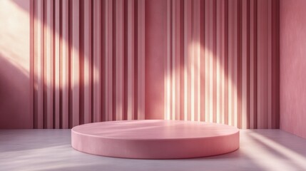 Aufkleber - Pink minimalistic podium in sunlit room, abstract mockup. Modern interior and product display concept