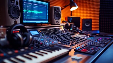 Poster - A well-organized radio studio showing an on-air light, with a mixing console, headphones, and a desktop computer, all set against a clean backdrop.