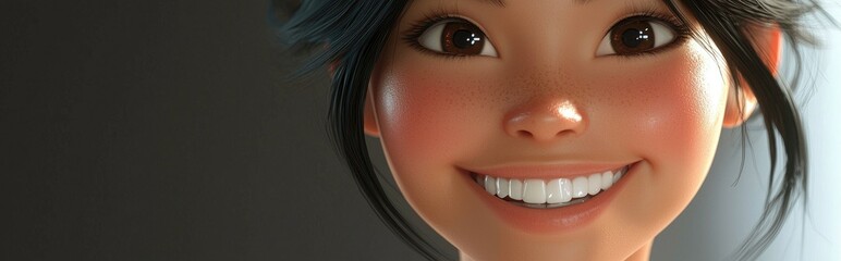 Poster - 3D Cartoon Portrait of Smiling Young Asian Woman Closeup