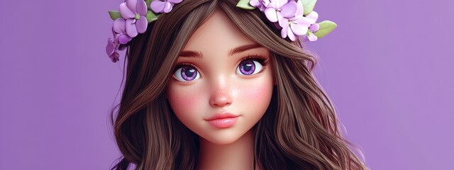 Poster - 3D Cartoon Portrait of Young Beautiful Brunette Girl with Flower Headband on Purple Background