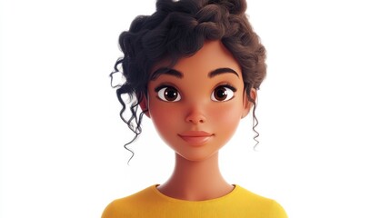 Poster - 3D Cartoon Portrait of Young Woman with Light Skin Tone on White Background