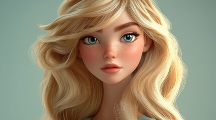 Wall Mural - 3D Cartoon Portrait of Young Blonde Woman