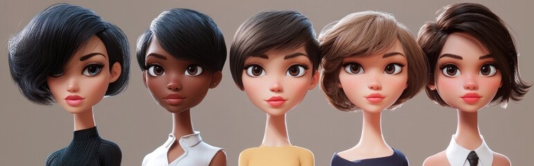 Poster - 3D Cartoon Portraits of Short Haired Women