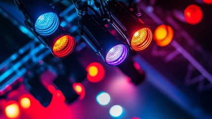 Poster - An array of stage lights with varying intensities and colors, creating a rich and captivating background display.