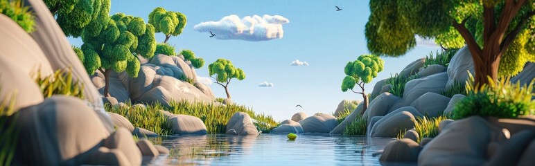 Wall Mural - 3D Cartoon Scene of a Natural Landscape