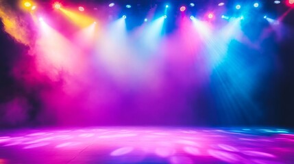 Poster - An illuminated stage with colorful light spots and beams, creating a vibrant and lively background for performances.