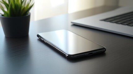 Poster - Close-up of a modern smartphone lying on a desk with a blank display and an uncluttered backdrop