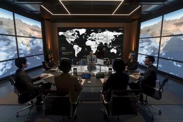 Fototapete - group of people sitting at table in front of large screen, An immersive virtual meeting platform connects colleagues from around the world in lifelike environments