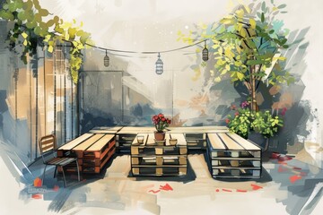 painting of patio with two blue couches, An instructional illustration of upcycled pallet furniture for patio