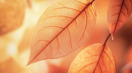 Wall Mural - Close-up of orange leaves with detailed veins, set against a soft, blurred background highlighting their texture