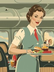 Aufkleber - A flight attendant with a warm smile presents a meal tray to passengers seated comfortably in an aircraft. Generative AI