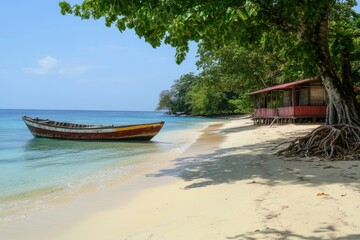 Wall Mural - A tranquil sandy beach with a wooden boat and hut shaded by trees, blue sky and clear water.