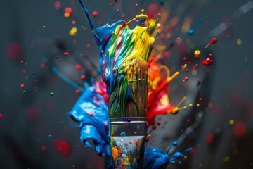 Wall Mural - paintbrush with colorful paint splatters on it, paintbrush with vibrant splashes of color, representing artistic expression