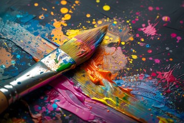 Aufkleber - paintbrush with colorful paint splatters on it, paintbrush with vibrant splashes of color, representing artistic expression