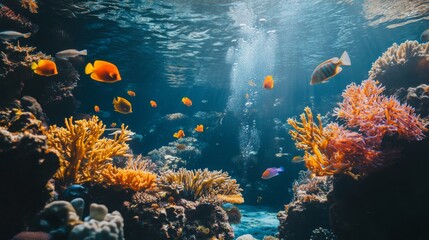 Coral reef underwater with vibrant marine life, promoting ocean preservation